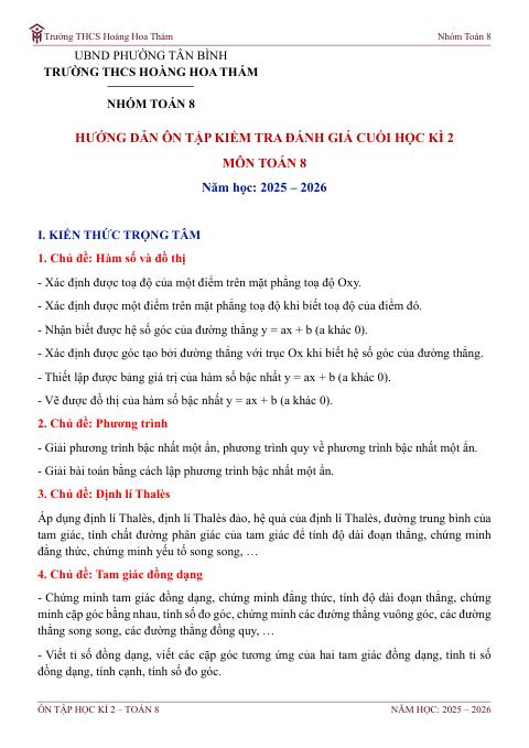 Đề cương ôn tập Học kì 2 Toán 8 trường THCS Hoàng Hoa Thám (TP Hồ Chí Minh) năm 2025–2026